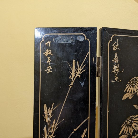 Vintage Asian Geisha Folding Tabletop Screen Divider - black lacquer wood screen - Picture 12 of 15
